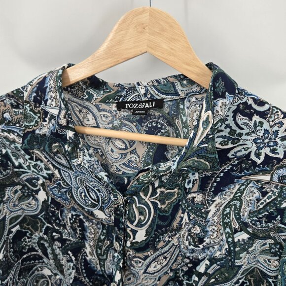 Roz and Ali Blue Green Paisley Button Down Long Sleeved Blouse 1x - Picture 5 of 13